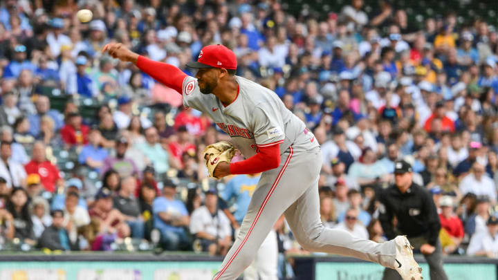 Cincinnati Reds starting pitcher Hunter Greene (21) pitches against the Milwaukee Brewers in the first inning at American Family Field on June 14. Cincinnati Reds starting pitcher Hunter Greene (21) pitches against the Milwaukee Brewers in the first inning at American Family Field on June 14.