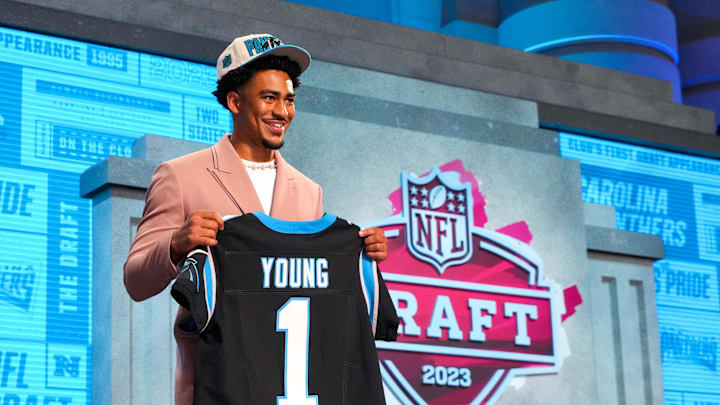 Apr 27, 2023; Kansas City, MO, USA; Alabama quarterback Bryce Young on stage after he was drafted
