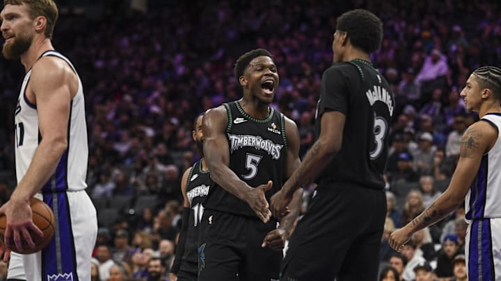 Nov 9, 2025; Sacramento, California, USA; Minnesota Timberwolves guard Anthony Edwards (5) reacts during the third quarter against the Sacramento Kings at Golden 1 Center. Mandatory Credit: Justine Willard-Imagn Images