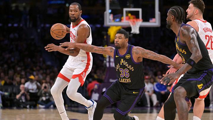 Apr 21, 2026; Los Angeles, California, USA; Houston Rockets forward Kevin Durant (7) is defended by Los Angeles Lakers guard Marcus Smart (36) during the second half of game two of the first round of the 2026 NBA Playoffs at Crypto.com Arena. Mandatory Credit: Jayne Kamin-Oncea-Imagn Images Apr 21, 2026; Los Angeles, California, USA; Houston Rockets forward Kevin Durant (7) is defended by Los Angeles Lakers guard Marcus Smart (36) during the second half of game two of the first round of the 2026 NBA Playoffs at Crypto.com Arena. Mandatory Credit: Jayne Kamin-Oncea-Imagn Images