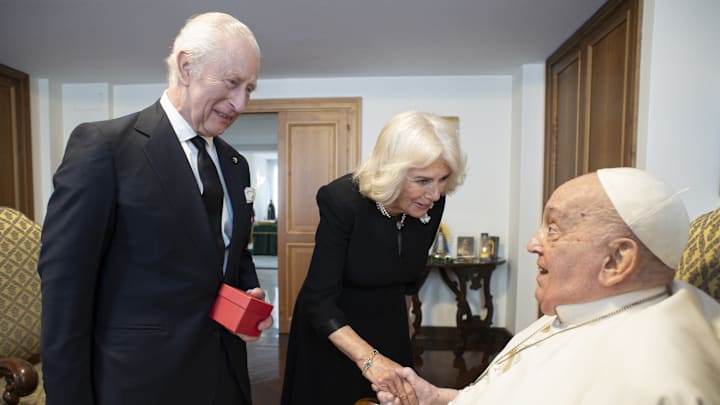 Pope Francis meets with King Charles III of England and his wife Queen Camilla