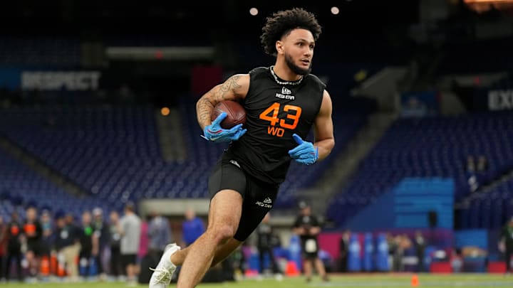 Mar 1, 2025; Indianapolis, IN, USA; Mississippi wideout Jordan Watkins (WO43) during the 2025 NFL Combine at Lucas Oil Stadium. Mandatory Credit: Kirby Lee-Imagn Images
