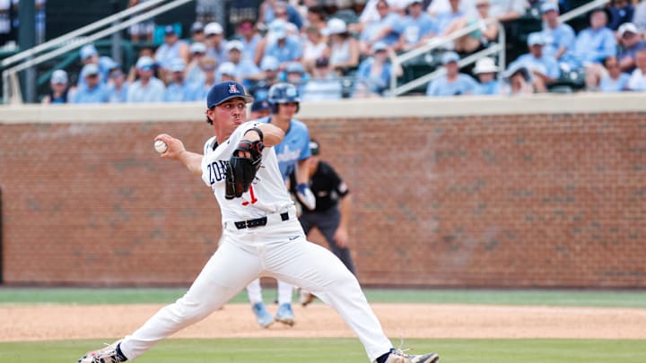 Jun 7, 2025; Chapel Hill, NC, USA; Arizona pitcher Owen Kramkowski (17) pitches the ball during the ninth inning of the Super Regionals game against North Carolina in Chapel Hill, North Carolina. Mandatory Credit: Jaylynn Nash-Imagn Images