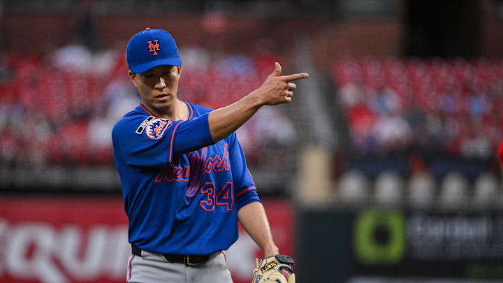 Mar 31, 2026; St. Louis, Missouri, USA; New York Mets starting pitcher Kodai Senga (34) reacts after the third out of the first inning against the St. Louis Cardinals at Busch Stadium. Mandatory Credit: Jeff Curry-Imagn Images