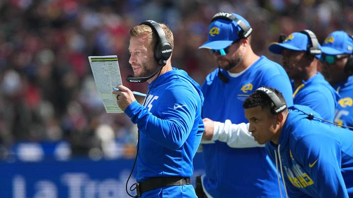 Sep 11, 2026; Melbourne, Victoria, Australia; Los Angeles Rams head coach Sean McVay and offensive coordinator Nate Scheelhaase watch in the second half during the 2026 NFL Melbourne Game against the San Francisco 49ers at Melbourne Cricket Ground. Mandatory Credit: Kirby Lee-Imagn Images