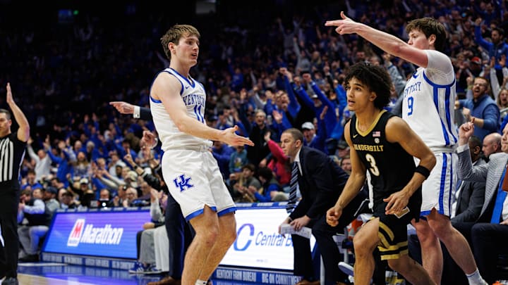 Feb 19, 2025; Lexington, Kentucky, USA; Kentucky Wildcats guard Travis Perry (11) celebrates after making a three point basket during the second half against the Vanderbilt Commodores at Rupp Arena at Central Bank Center. Mandatory Credit: Jordan Prather-Imagn Images