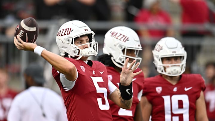 Sep 6, 2025; Pullman, Washington, USA; Washington State Cougars quarterback Jaxon Potter (5) warms up before a game against the San Diego State Aztecs at Gesa Field at Martin Stadium. Mandatory Credit: James Snook-Imagn Images