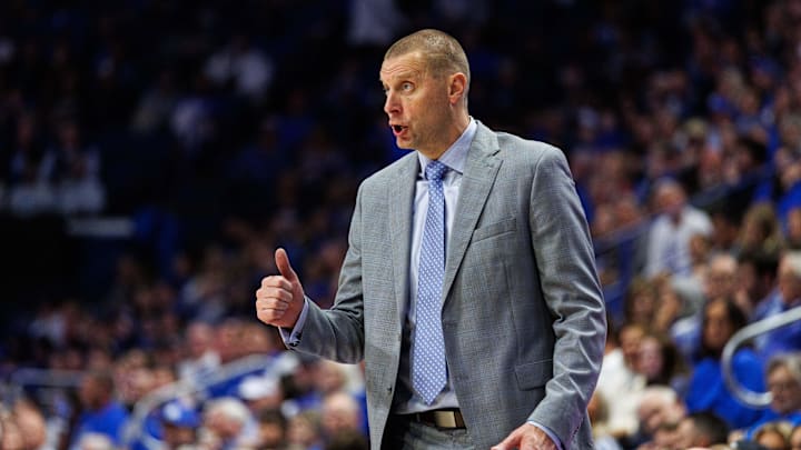 Nov 14, 2025; Lexington, Kentucky, USA; Kentucky Wildcats head coach Mark Pope gives his players a thumbs up during the second half against the Eastern Illinois Panthers at Rupp Arena at Central Bank Center. Mandatory Credit: Jordan Prather-Imagn Images