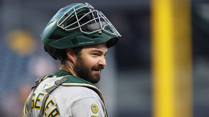 Athletics catcher Shea Langeliers (23) looks to the Athletics dugout against the Pittsburgh Pirates during the first inning at PNC Park. 