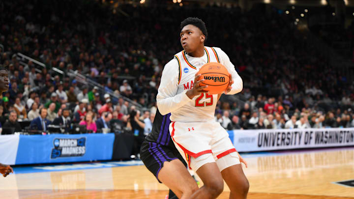 Mar 21, 2025; Seattle, WA, USA; Maryland Terrapins center Derik Queen (25) looks for an open shot during the first half against Grand Canyon Antelopes at Climate Pledge Arena. Mandatory Credit: Steven Bisig-Imagn Images Mar 21, 2025; Seattle, WA, USA; Maryland Terrapins center Derik Queen (25) looks for an open shot during the first half against Grand Canyon Antelopes at Climate Pledge Arena. Mandatory Credit: Steven Bisig-Imagn Images