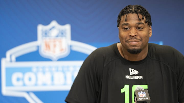 Mar 1, 2025; Indianapolis, IN, USA; William & Mary offensive lineman Grant Charles (OL16) answers questions at a press conference during the 2025 NFL Combine at Indiana Convention Center. Mandatory Credit: Jacob Musselman-Imagn Images Mar 1, 2025; Indianapolis, IN, USA; William & Mary offensive lineman Grant Charles (OL16) answers questions at a press conference during the 2025 NFL Combine at Indiana Convention Center. Mandatory Credit: Jacob Musselman-Imagn Images