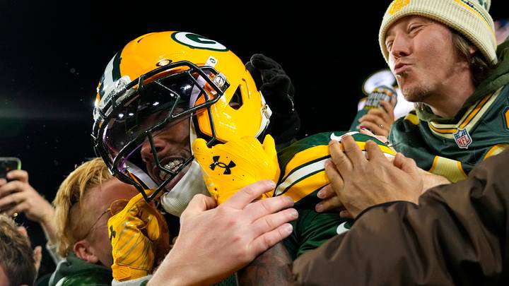 Oct 18, 2026; Green Bay, Wisconsin, USA;  Green Bay Packers wide receiver Matthew Golden (0) celebrates after scoring a touchdown during the game against the Dallas Cowboys at Lambeau Field. Mandatory Credit: Jeff Hanisch-Imagn Images