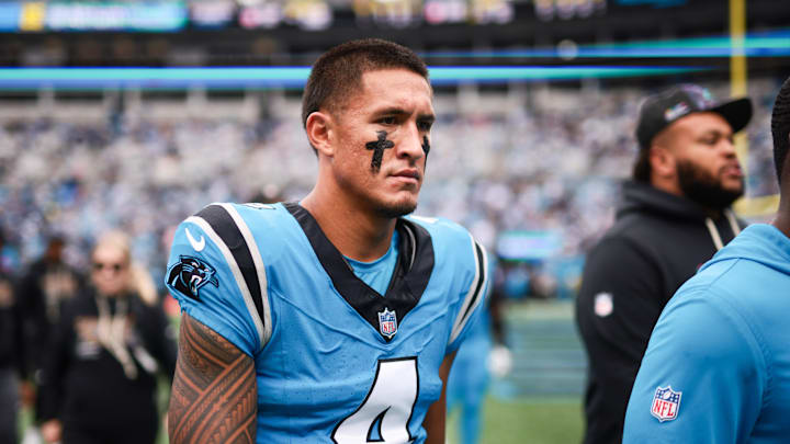 Oct 12, 2025; Charlotte, North Carolina, USA; Carolina Panthers wide receiver Tetairoa McMillan (4) walks off the field during halftime against the Dallas Cowboys at Bank of America Stadium. Mandatory Credit: Scott Kinser-Imagn Images Oct 12, 2025; Charlotte, North Carolina, USA; Carolina Panthers wide receiver Tetairoa McMillan (4) walks off the field during halftime against the Dallas Cowboys at Bank of America Stadium. Mandatory Credit: Scott Kinser-Imagn Images