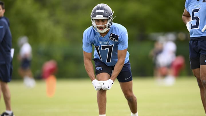 May 10, 2025; Nashville, TN, USA;  Tennessee Titans wide receiver Chimere Dike (17) goes through drills during Rookie Mini Camp at Saint Thomas Sports Park. Mandatory Credit: Steve Roberts-Imagn Images