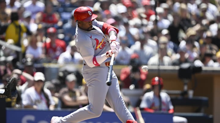May 10, 2026; San Diego, California, USA; St. Louis Cardinals right fielder Jordan Walker (18) hits a two-run home run during the fourth inning against the San Diego Padres at Petco Park. Mandatory Credit: Denis Poroy-Imagn Images