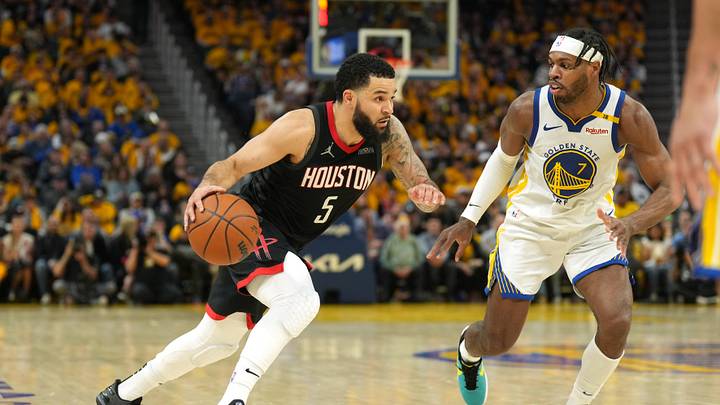 Apr 26, 2025; San Francisco, California, USA; Houston Rockets guard Fred VanVleet (5) dribbles against Golden State Warriors guard Buddy Hield (7) during the third quarter of game three of first round for the 2024 NBA Playoffs at Chase Center. Mandatory Credit: Darren Yamashita-Imagn Images Apr 26, 2025; San Francisco, California, USA; Houston Rockets guard Fred VanVleet (5) dribbles against Golden State Warriors guard Buddy Hield (7) during the third quarter of game three of first round for the 2024 NBA Playoffs at Chase Center. Mandatory Credit: Darren Yamashita-Imagn Images