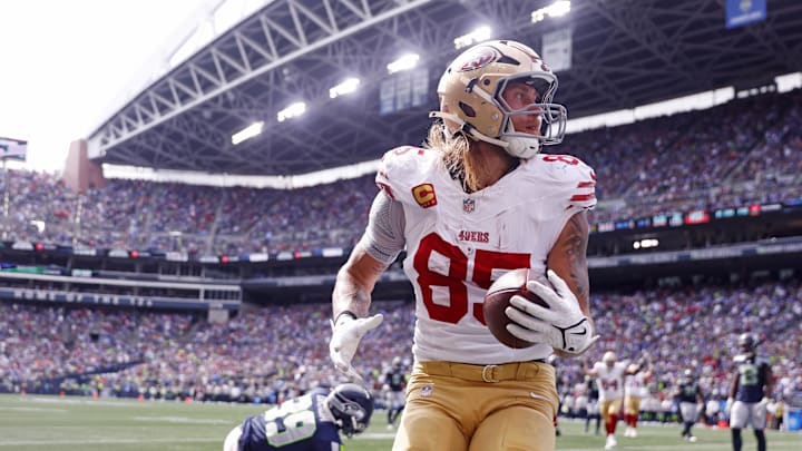 Sep 7, 2025; Seattle, Washington, USA; San Francisco 49ers tight end George Kittle (85) celebrates after scoring a touchdown during the first half against the Seattle Seahawks during the first quarter at Lumen Field. Mandatory Credit: Joe Nicholson-Imagn Images