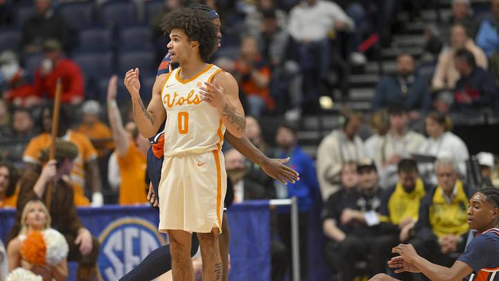 Tennessee Volunteers guard Ja’Kobi Gillespie (0) reacts after he gets called for a foul against the Auburn Tigers during the first half at Bridgestone Arena. 