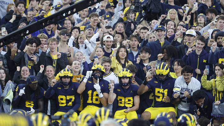Sep 19, 2026; Ann Arbor, Michigan, USA; Michigan Wolverines players celebrate with fans after their win against the Texas El Paso Miners at Michigan Stadium. Mandatory Credit: Rick Osentoski-Imagn Images Sep 19, 2026; Ann Arbor, Michigan, USA; Michigan Wolverines players celebrate with fans after their win against the Texas El Paso Miners at Michigan Stadium. Mandatory Credit: Rick Osentoski-Imagn Images