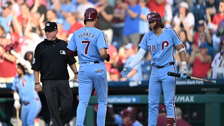 Jun 27, 2024; Philadelphia, Pennsylvania, USA; Philadelphia Phillies shortstop Trea Turner (7) advances home to score against the Miami Marlins in the first inning at Citizens Bank Park. Mandatory Credit: Kyle Ross-USA TODAY Sports