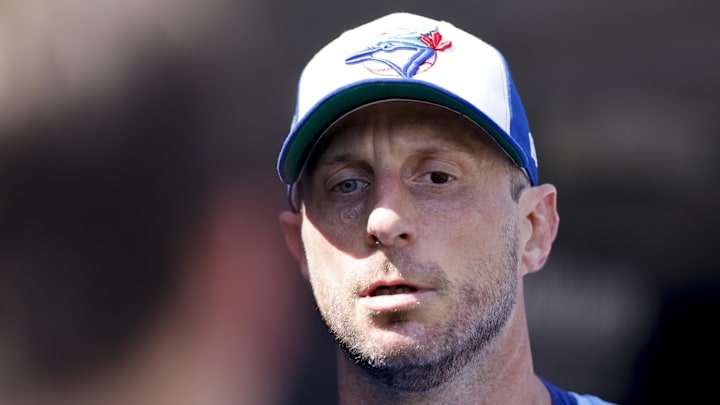 Jul 27, 2025; Detroit, Michigan, USA;  Toronto Blue Jays pitcher Max Scherzer (31) in the dugout in the seventh inning against the Detroit Tigers at Comerica Park. Mandatory Credit: Rick Osentoski-Imagn Images