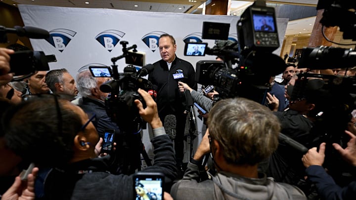 Dec 11, 2024; Dallas, TX, USA; Sports agent Scott Boras speaks with the media during the 2024 MLB Winter Meetings at Hilton Anatole. Mandatory Credit: Jerome Miron-Imagn Images