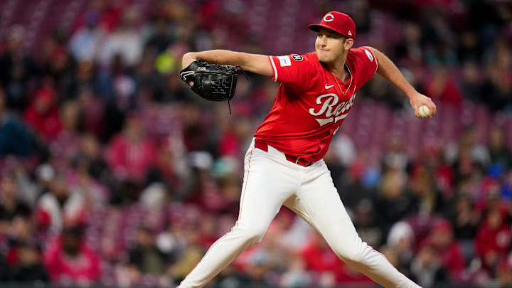 Cincinnati Reds pitcher Nick Lodolo (40) throws a pitch in the third inning of the MLB National League game between the Cincinnati Reds and the Washington Nationals at Great American Ball Park in downtown Cincinnati on Saturday, May 3, 2025. The Reds led 3-2 in the fourth inning.