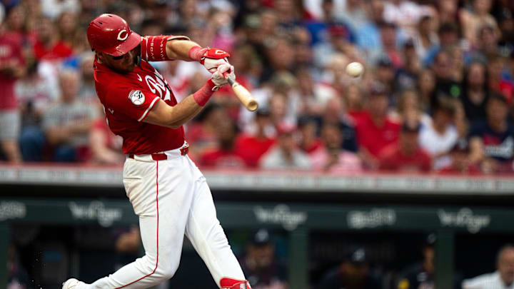 Cincinnati Reds catcher Tyler Stevenson (37) hits an RBI double in the second inning between Cincinnati Reds and Atlanta Braves at Great American Ball Park in Cincinnati on July 30, 2025. Cincinnati Reds catcher Tyler Stevenson (37) hits an RBI double in the second inning between Cincinnati Reds and Atlanta Braves at Great American Ball Park in Cincinnati on July 30, 2025.