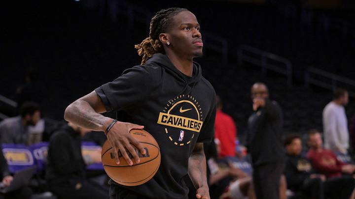 Mar 31, 2026; Los Angeles, California, USA;  Cleveland Cavaliers guard Keon Ellis (14) warms up prior to the game against the Los Angeles Lakers at Crypto.com Arena. Mandatory Credit: Jayne Kamin-Oncea-Imagn Images