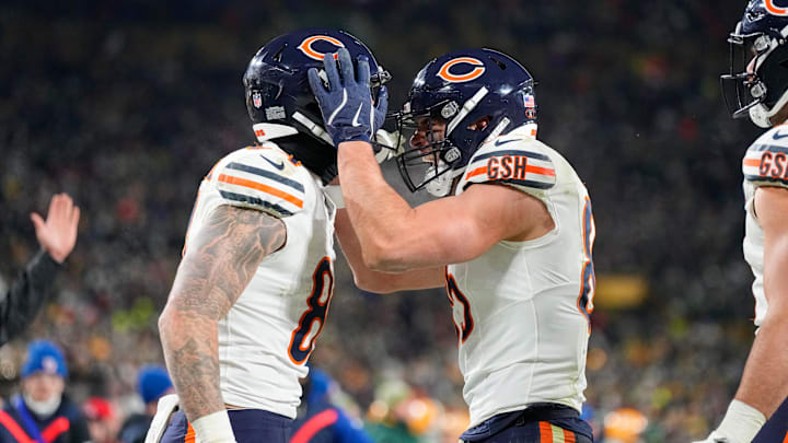 Dec 7, 2025; Green Bay, Wisconsin, USA; Chicago Bears tight end Colston Loveland (84) celebrates a touchdown in the fourth quarter against the Green Bay Packers at Lambeau Field. Mandatory Credit: Jeff Hanisch-Imagn Images