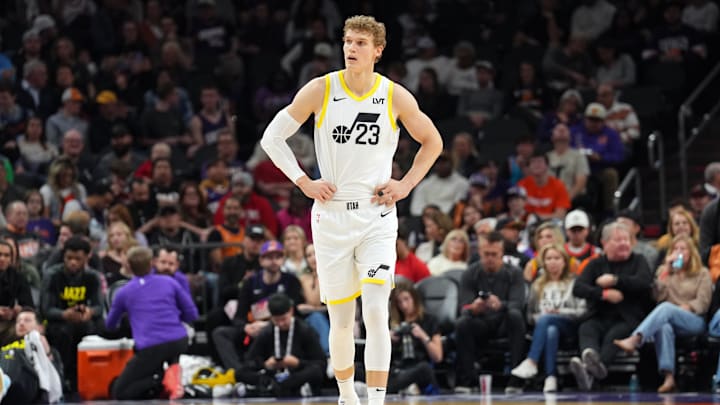 Jan 11, 2025; Phoenix, Arizona, USA; Utah Jazz forward Lauri Markkanen (23) looks on against the Phoenix Suns during the first half at Footprint Center. Jan 11, 2025; Phoenix, Arizona, USA; Utah Jazz forward Lauri Markkanen (23) looks on against the Phoenix Suns during the first half at Footprint Center.