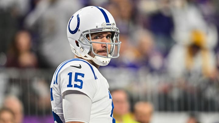 Indianapolis Colts quarterback Joe Flacco (15) looks on before the game against the Minnesota Vikings at U.S. Bank Stadium.