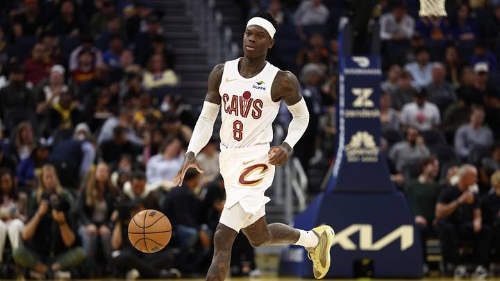 Apr 2, 2026; San Francisco, California, USA; Cleveland Cavaliers guard Dennis Schroder (8) controls the ball against the Golden State Warriors during the third quarter at Chase Center. Mandatory Credit: Kelley L Cox-Imagn Images
