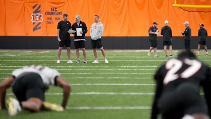 Cincinnati Bengals head coach Zac Taylor, Director of Player Personnel Duke Tobin and defensive