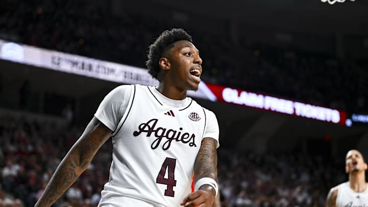 Nov 15, 2024; College Station, Texas, USA; Texas A&M Aggies guard Wade Taylor IV (4) reacts to a foul during the second half against the Ohio State Buckeyes at Reed Arena. Mandatory Credit: Maria Lysaker-Imagn Images Nov 15, 2024; College Station, Texas, USA; Texas A&M Aggies guard Wade Taylor IV (4) reacts to a foul during the second half against the Ohio State Buckeyes at Reed Arena. Mandatory Credit: Maria Lysaker-Imagn Images