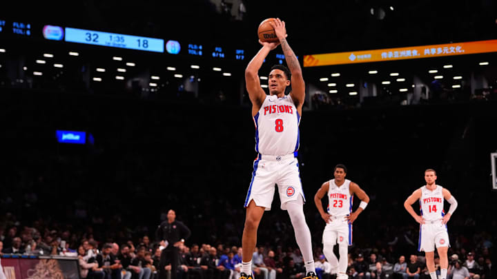 Apr 6, 2024; Brooklyn, New York, USA; Detroit Pistons guard Jared Rhoden (8) shoots a free throw against the Brooklyn Nets during the first half at Barclays Center. Mandatory Credit: Gregory Fisher-Imagn Images