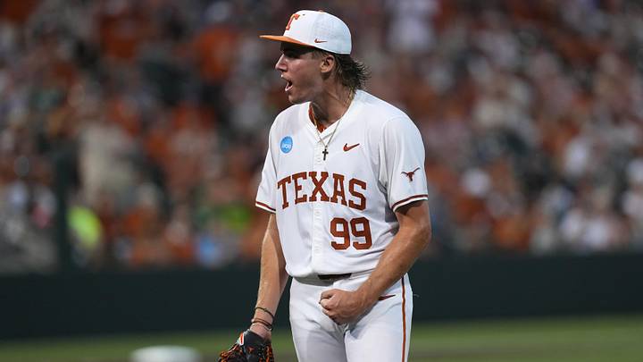 Texas Longhorns pitcher Dylan Volantis celebrates after finishing the fifth inning against the Oregon Ducks in the Austin Super Regional. Texas Longhorns pitcher Dylan Volantis celebrates after finishing the fifth inning against the Oregon Ducks in the Austin Super Regional.