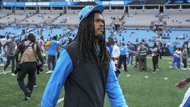 Sep 15, 2024; Charlotte, North Carolina, USA;  Carolina Panthers running back Jonathon Brooks (24) walks off the field after the second half against the Los Angeles Chargers at Bank of America Stadium.