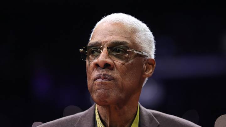 Hall of Fame and former Philadelphia 76ers Julius Dr. J Erving looks on before action against the Atlanta Hawks at Xfinity Mobile Arena on Feb. 19, 2026.