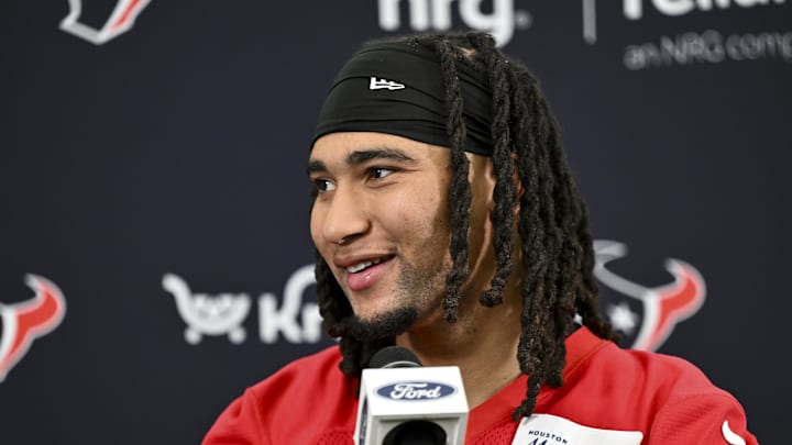 Jun 10, 2025; Houston, TX, USA; Houston Texans quarterback C.J. Stroud speaks at a press conference after an NFL football minicamp at NRG Stadium. Mandatory Credit: Maria Lysaker-Imagn Images 