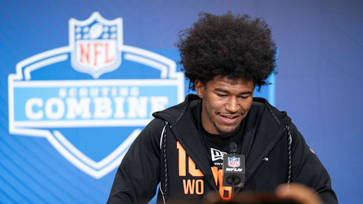 Feb 27, 2026; Indianapolis, IN, USA; Miami wideout CJ Daniels (WO18) speaks to members of the media during the NFL Combine at the Indiana Convention Center. Feb 27, 2026; Indianapolis, IN, USA; Miami wideout CJ Daniels (WO18) speaks to members of the media during the NFL Combine at the Indiana Convention Center.