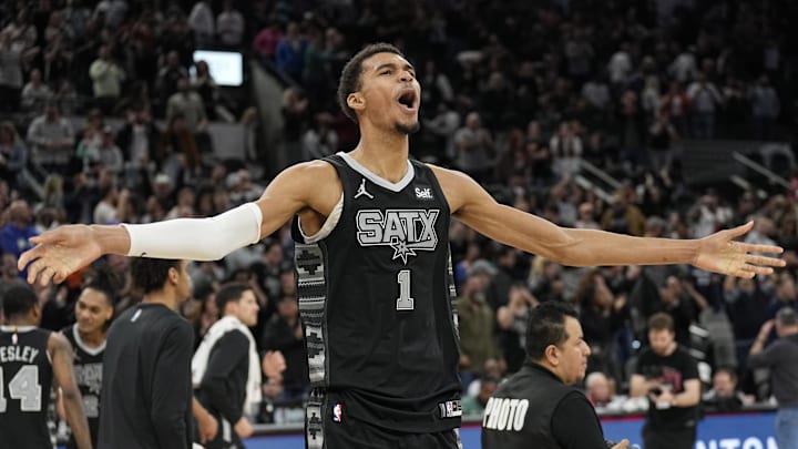 Jan 27, 2024; San Antonio, Texas, USA; San Antonio Spurs forward Victor Wembanyama (1) reacts after a victory over the Minnesota Timberwolves at Frost Bank Center. Mandatory Credit: Scott Wachter-Imagn Images