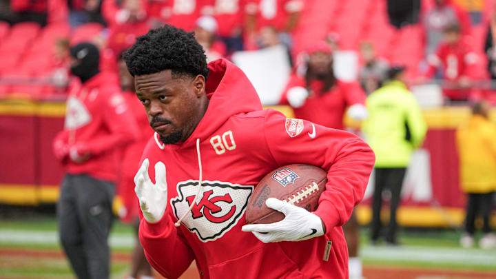 Nov 23, 2025; Kansas City, Missouri, USA; Kansas City Chiefs wide receiver Tyquan Thornton (80) warms up against the Indianapolis Colts prior to a game at GEHA Field at Arrowhead Stadium. Mandatory Credit: Denny Medley-Imagn Images