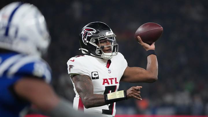 Nov 9, 2025; Berlin, Germany; Atlanta Falcons quarterback Michael Penix Jr. (9) throws a pass against the Indianapolis Colts during the NFL Berlin Game at Olympic Stadium. Mandatory Credit: Kirby Lee-Imagn Images