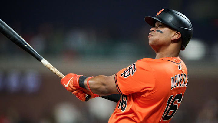 Aug 8, 2025; San Francisco, California, USA; San Francisco Giants first baseman Rafael Devers (16) watches the flight of a foul ball while batting against the Washington Nationals during the fifth inning at Oracle Park. Mandatory Credit: Robert Edwards-Imagn Images