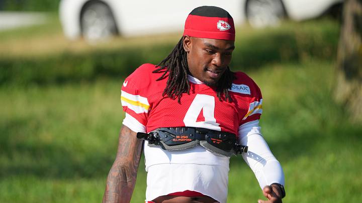 Kansas City Chiefs wide receiver Rashee Rice (4) walks down the hill to the fields prior to training camp at Missouri Western University. Mandatory Credit: Denny Medley-Imagn Images Kansas City Chiefs wide receiver Rashee Rice (4) walks down the hill to the fields prior to training camp at Missouri Western University. Mandatory Credit: Denny Medley-Imagn Images