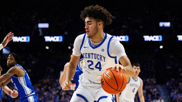 Nov 14, 2025; Lexington, Kentucky, USA; Kentucky Wildcats center Malachi Moreno (24) drives to the basket during the second half against the Eastern Illinois Panthers at Rupp Arena at Central Bank Center. Mandatory Credit: Jordan Prather-Imagn Images