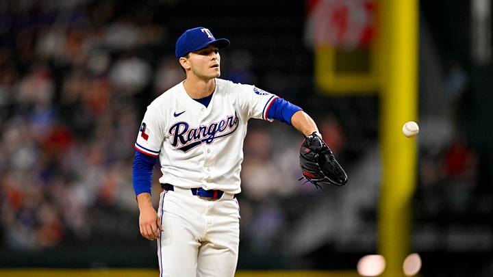 Jun 18, 2026; Arlington, Texas, USA; Texas Rangers starting pitcher Jack Leiter (22) pitches against the Minnesota Twins during the third inning at Globe Life Field. Mandatory Credit: Jerome Miron-Imagn Images