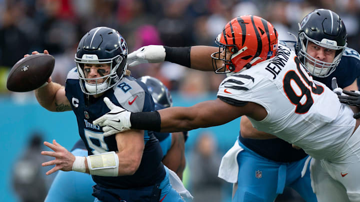 Cincinnati Bengals defensive tackle Kris Jenkins Jr. (90) nearly sacks Tennessee Titans quarterback Will Levis (8) during their game at Nissan Stadium in Nashville, Tenn., Sunday, Dec. 15, 2024.