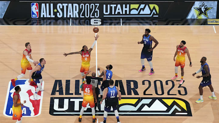 Team Giannis guard Ja Morant takes the opening tip-off to start the NBA All-Star Game against Team LeBron. Team Giannis guard Ja Morant takes the opening tip-off to start the NBA All-Star Game against Team LeBron.